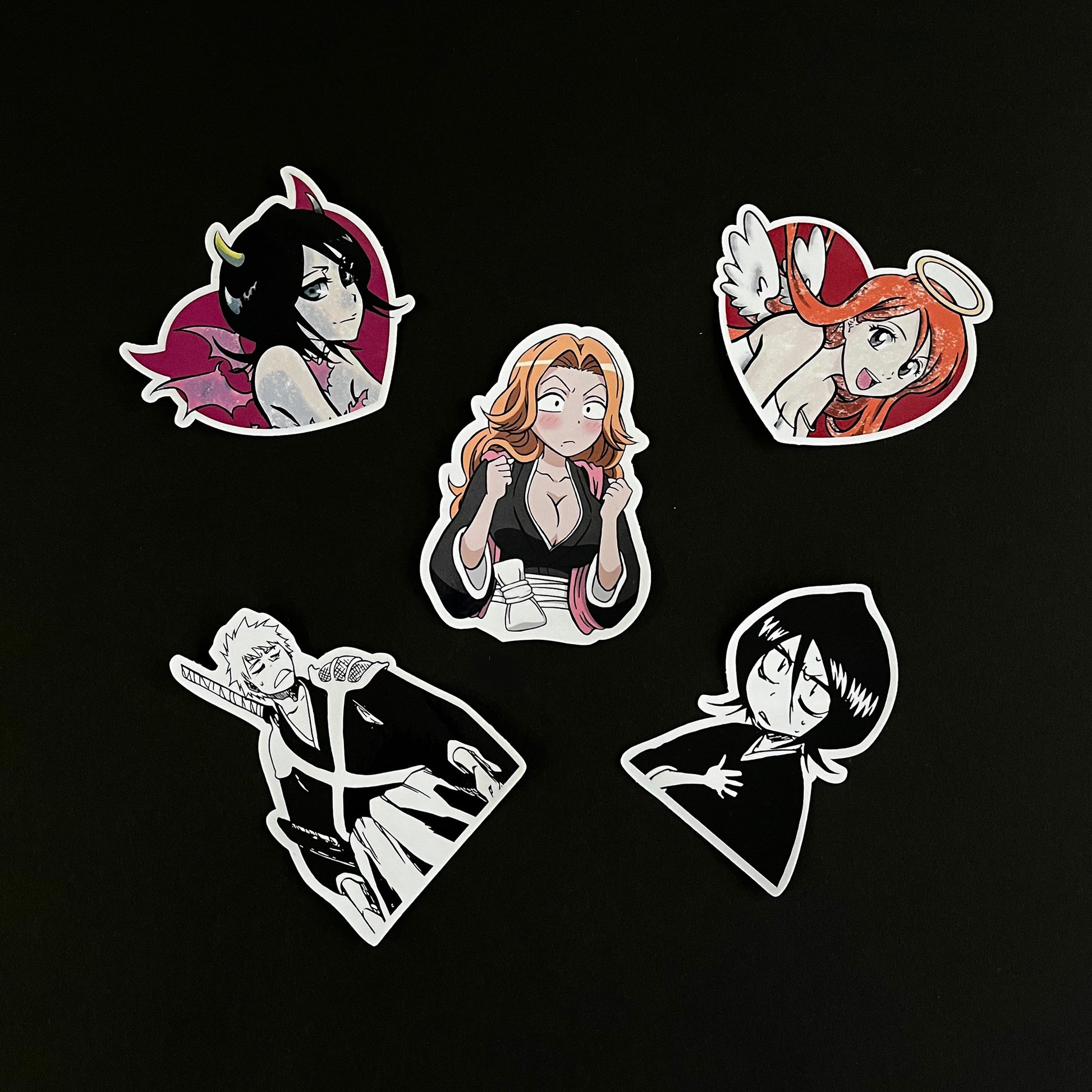 A bundle of vinyl glossy stickers inspired by Bleach. Featuring Rukia, Orihime, Rangiku and Ichigo. Bundle contains 5 stickers