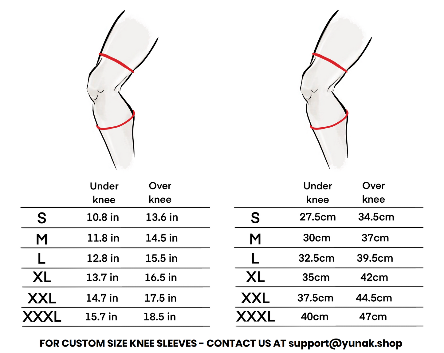 Sizing charts for the anime inspired knee sleeves. First chart is in inches while the second chart is in centimeters