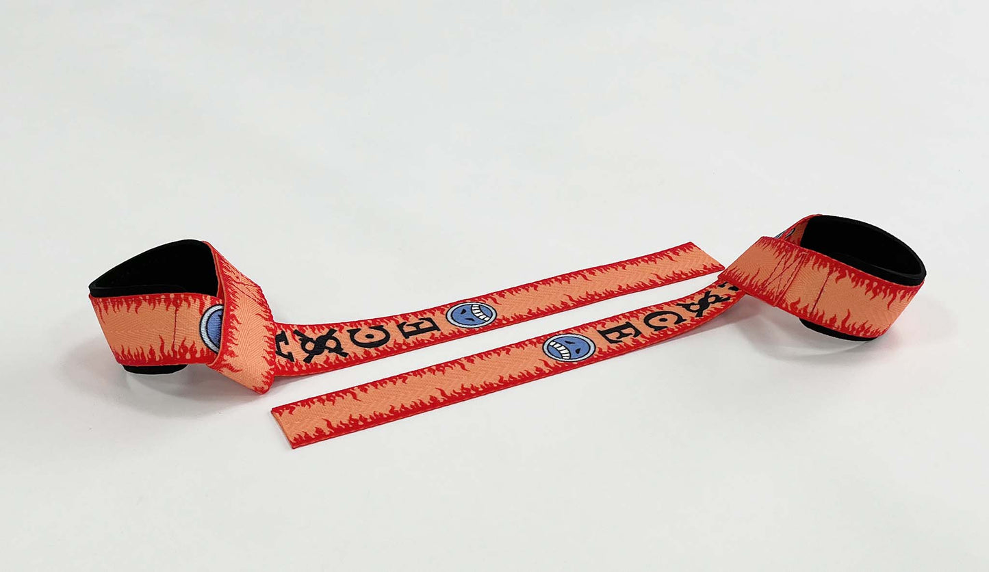 Anime lifting straps inspired by Ace from One Piece. Anime One Piece lifting gear for the gym