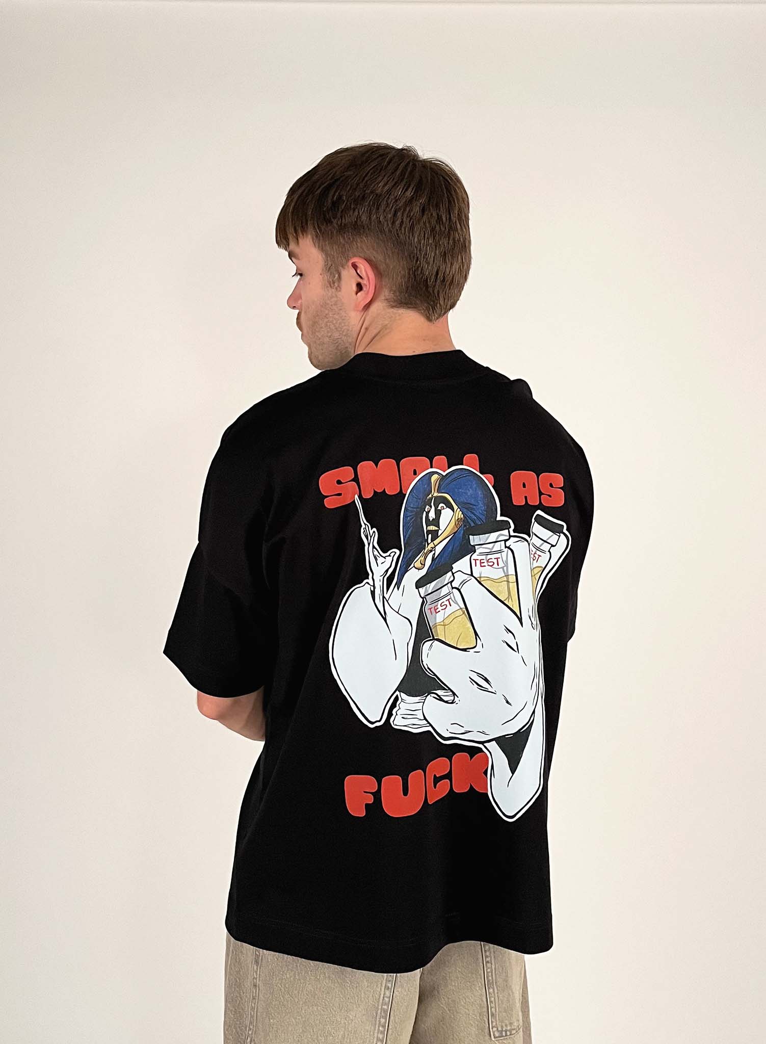 An oversized tshirt inspired by Mayuri from Bleach. Anime Pump Cover for the gym with Small as F text and Mayuri from Bleach. Male model back design