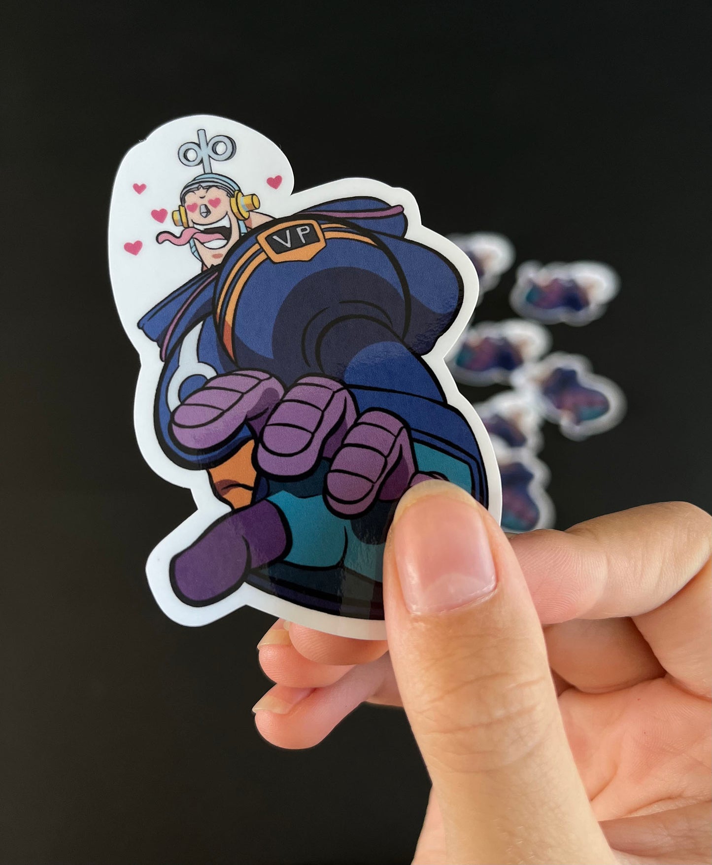A close up of a sticker inspired by Franky