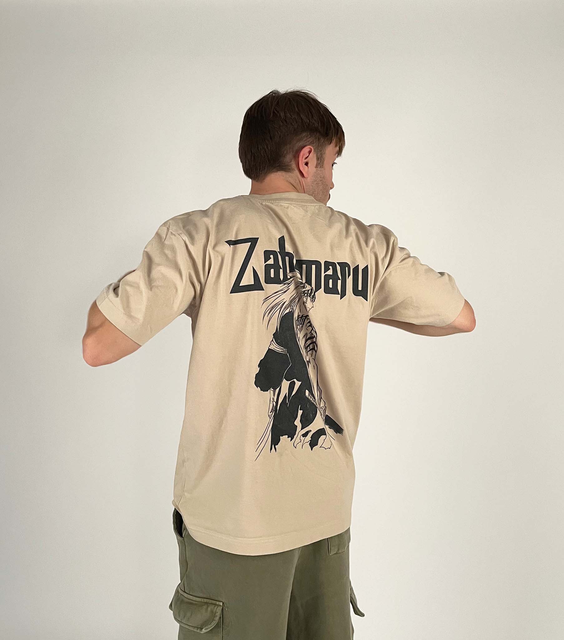 An oversized tshirt inspired by Renji from Bleach. Anime Pump Cover for the gym with Zabimaru text and Renji from Bleach. Male model 3/4 design