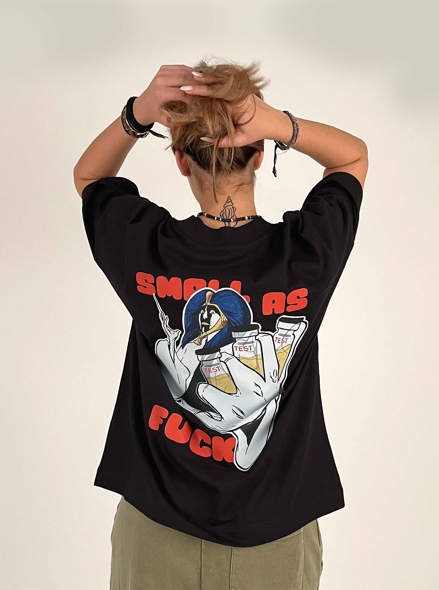An oversized tshirt inspired by Mayuri from Bleach. Anime Pump Cover for the gym with Small as F text and Mayuri from Bleach. Female model back design