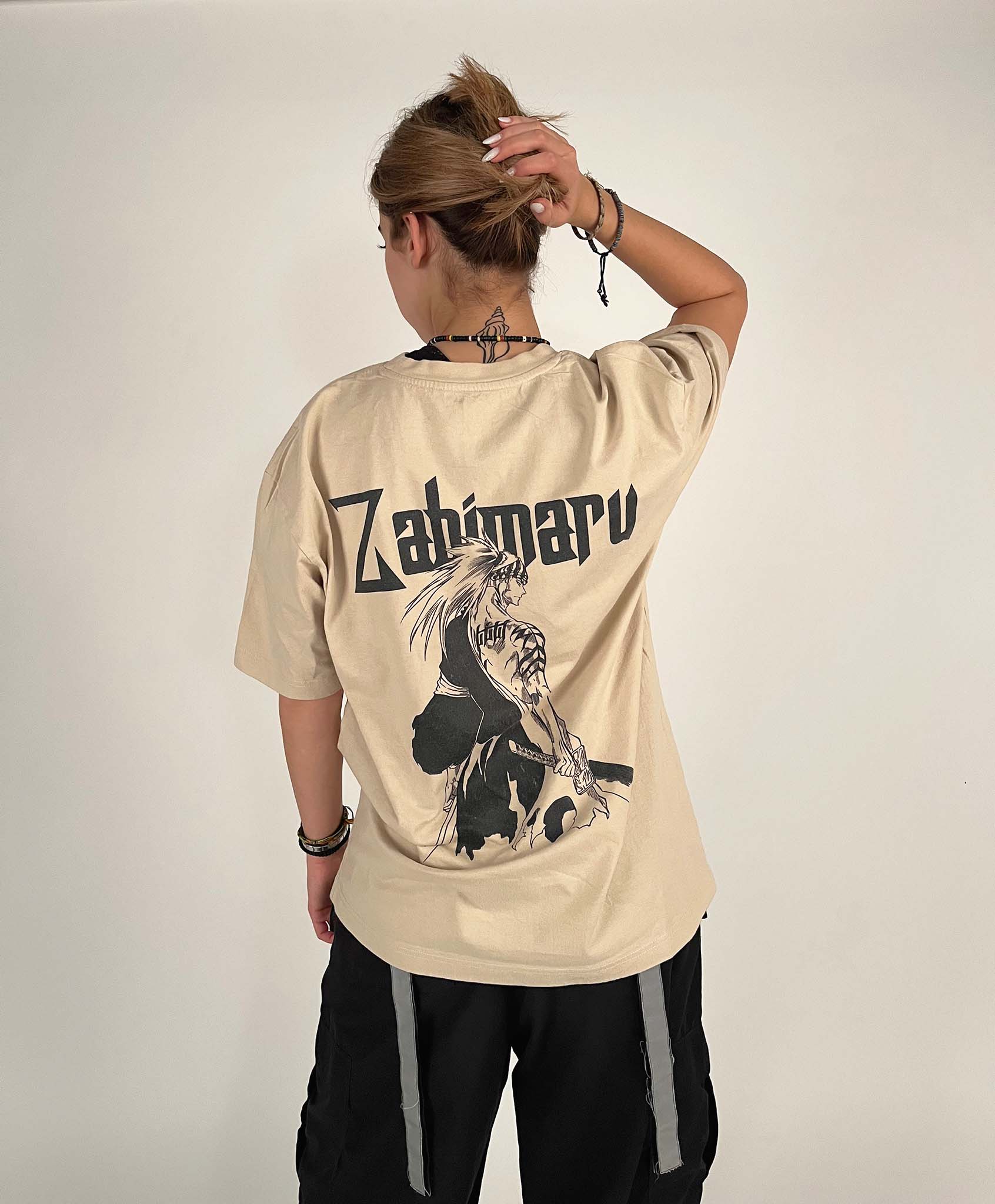 An oversized tshirt inspired by Renji from Bleach. Anime Pump Cover for the gym with Zabimaru text and Renji from Bleach. Female model back design