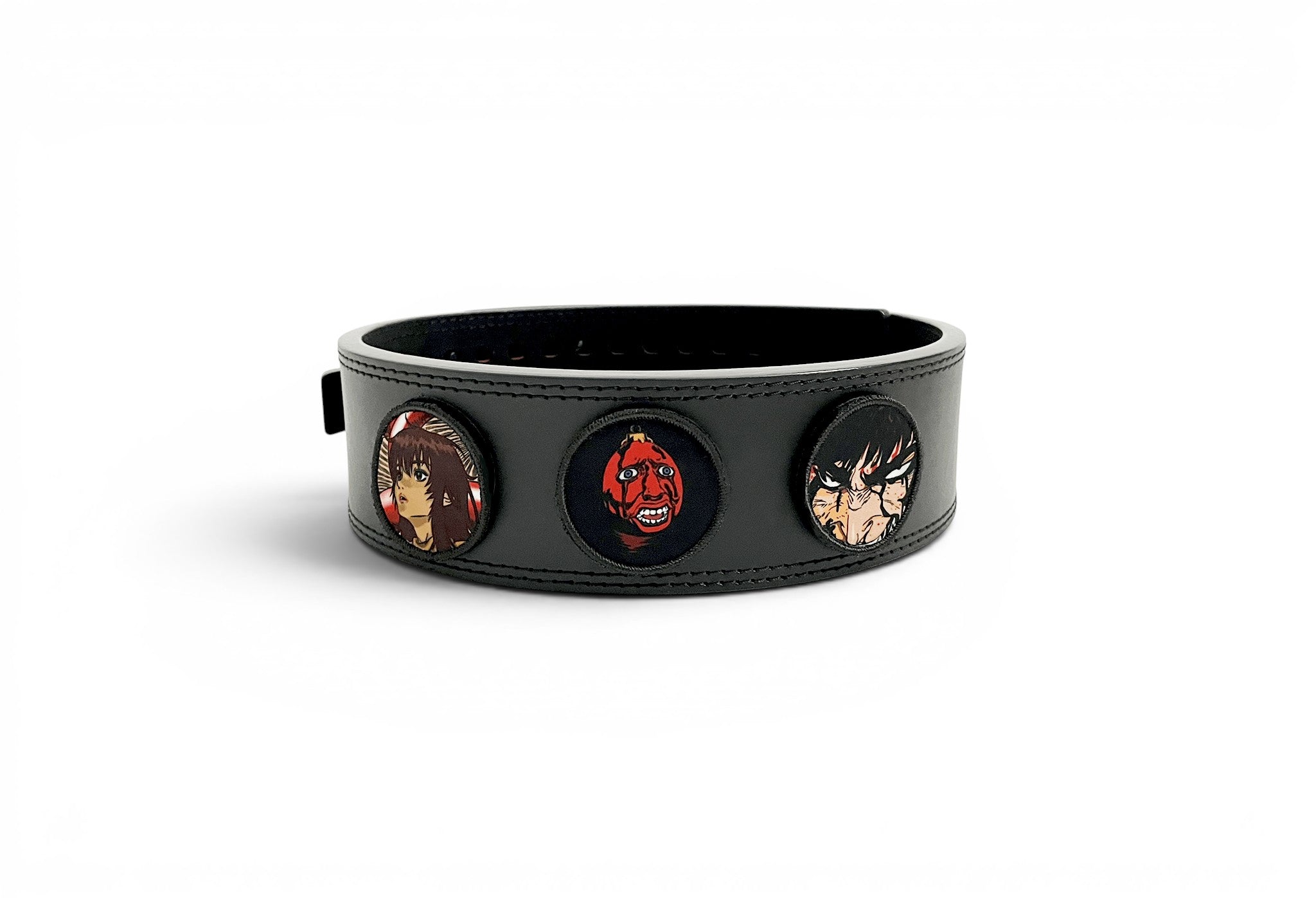 An anime powerlifting belt, 13mm thick and 4 inch wide. Featuring 4 embroidery patches inspired by Berserk. First patch is Casca, second is behelit, third is featuring Guts. The photo is back view of the belt.