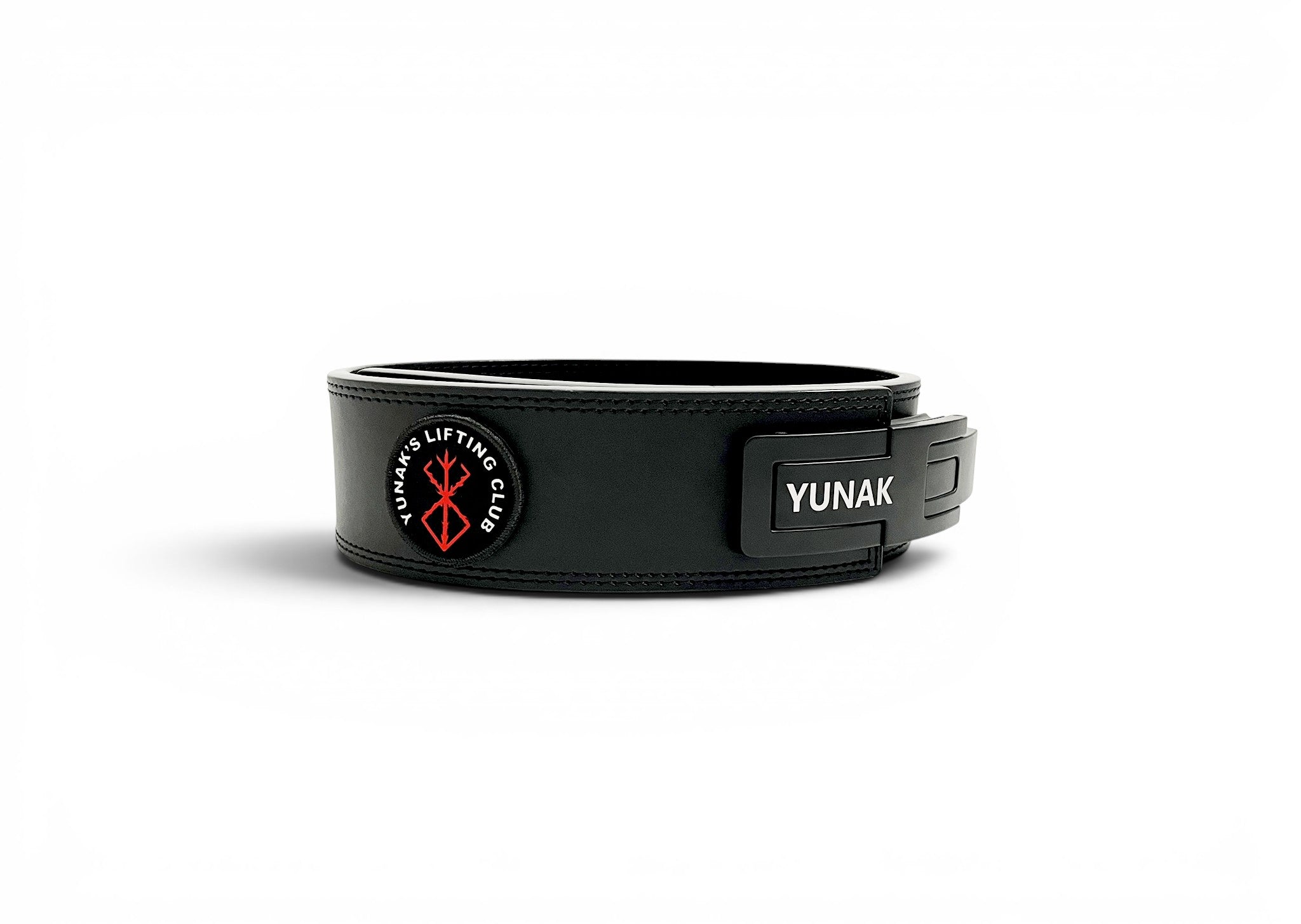 An anime powerlifting belt, 13mm thick and 4 inch wide. Featuring 4 embroidery patches inspired by Berserk. Fourth patch is a Yunak's Lifting Club patch. The photo is side view of the belt.