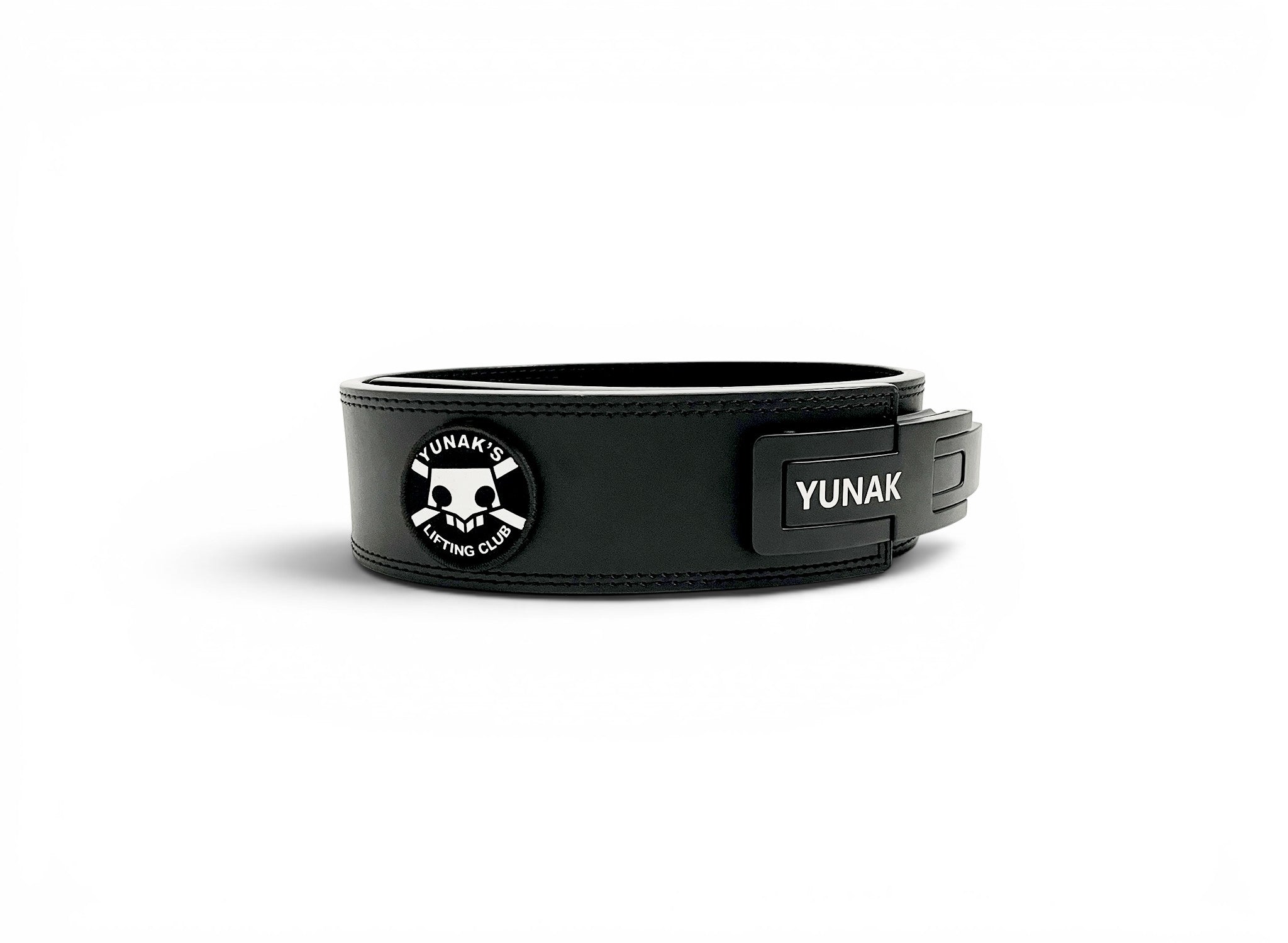 An anime powerlifting belt, 13mm thick and 4 inch wide. Featuring 4 embroidery patches inspired by Bleach. Fourth patch is a Yunak's Lifting Club patch. The photo is side view of the belt.