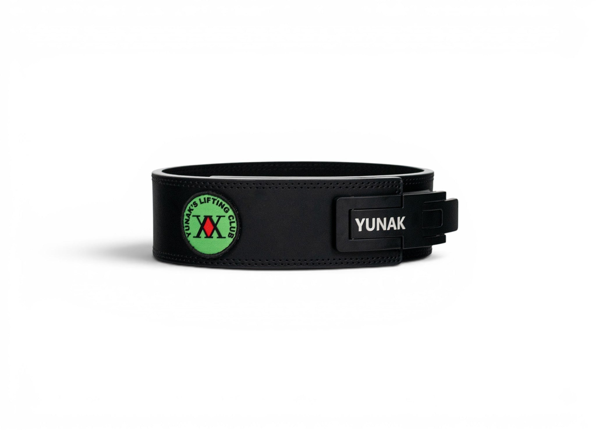 An anime powerlifting belt, 13mm thick and 4 inch wide. Featuring 4 embroidery patches inspired by HunterxHunter. Fourth patch is a Yunak's Lifting Club patch. The photo is side view of the belt.