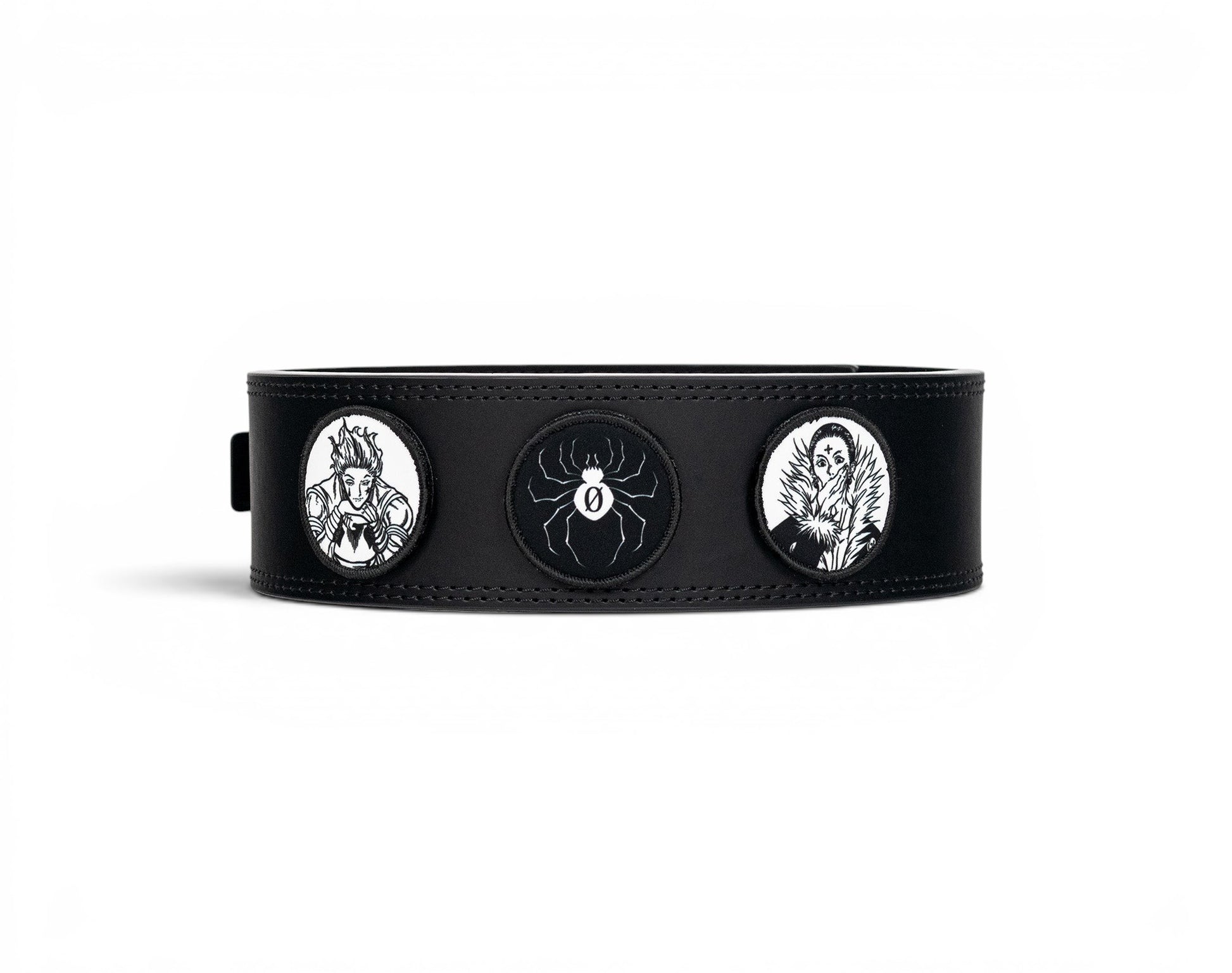 An anime powerlifting belt, 13mm thick and 4 inch wide. Featuring 4 embroidery patches inspired by the Phantom Troupe. First patch is Hisoka, second is the Troupe spider, third is featuring Chrollo and the fourth is a Yunak's Lifting Club patch. The photo is frontal view of the belt.