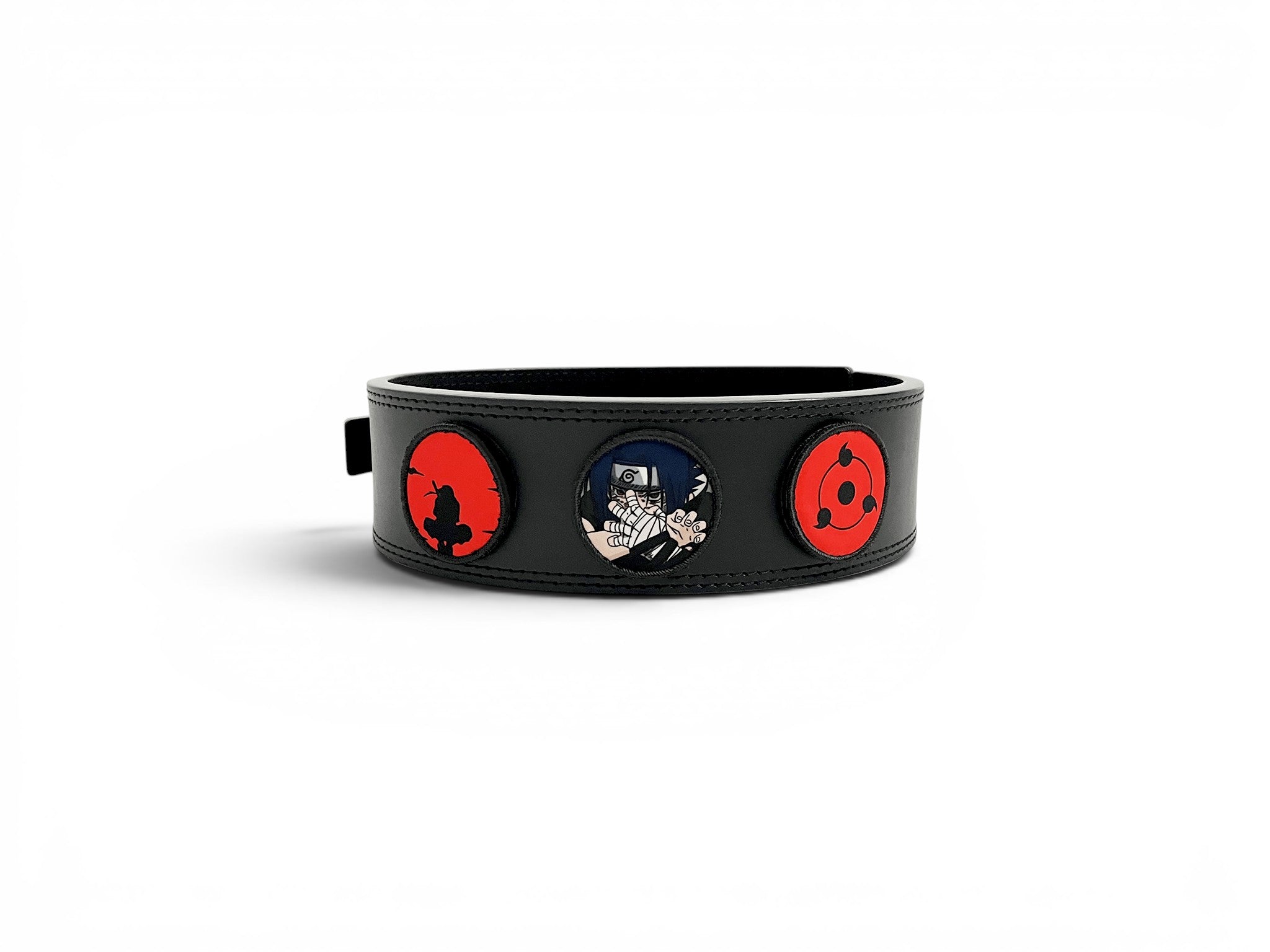 An anime powerlifting belt, 13mm thick and 4 inch wide. Featuring 4 embroidery patches inspired by the Akatsuki clan. First patch is Itachi bright red background, second is Sasuke, third is featuring the Sharingan and the fourth is a Yunak's Lifting Club patch. The photo is frontal view of the belt.