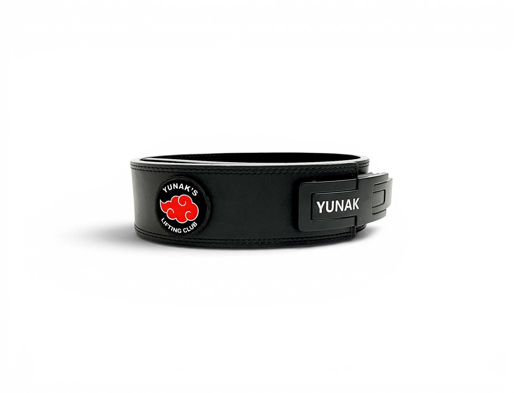 An anime powerlifting belt, 13mm thick and 4 inch wide. Featuring 4 embroidery patches inspired by the Akatsuki clan. First patch is Itachi bright red background, second is Sasuke, third is featuring the Sharingan and the fourth is a Yunak's Lifting Club patch. The photo is side view of the belt.