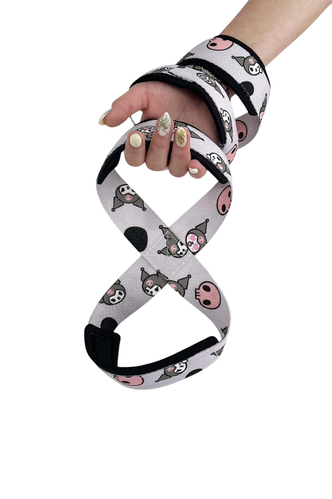 Anime 8 figure lifting straps inspired by Kuromi from Sanrio. Anime lifting gear for the gym