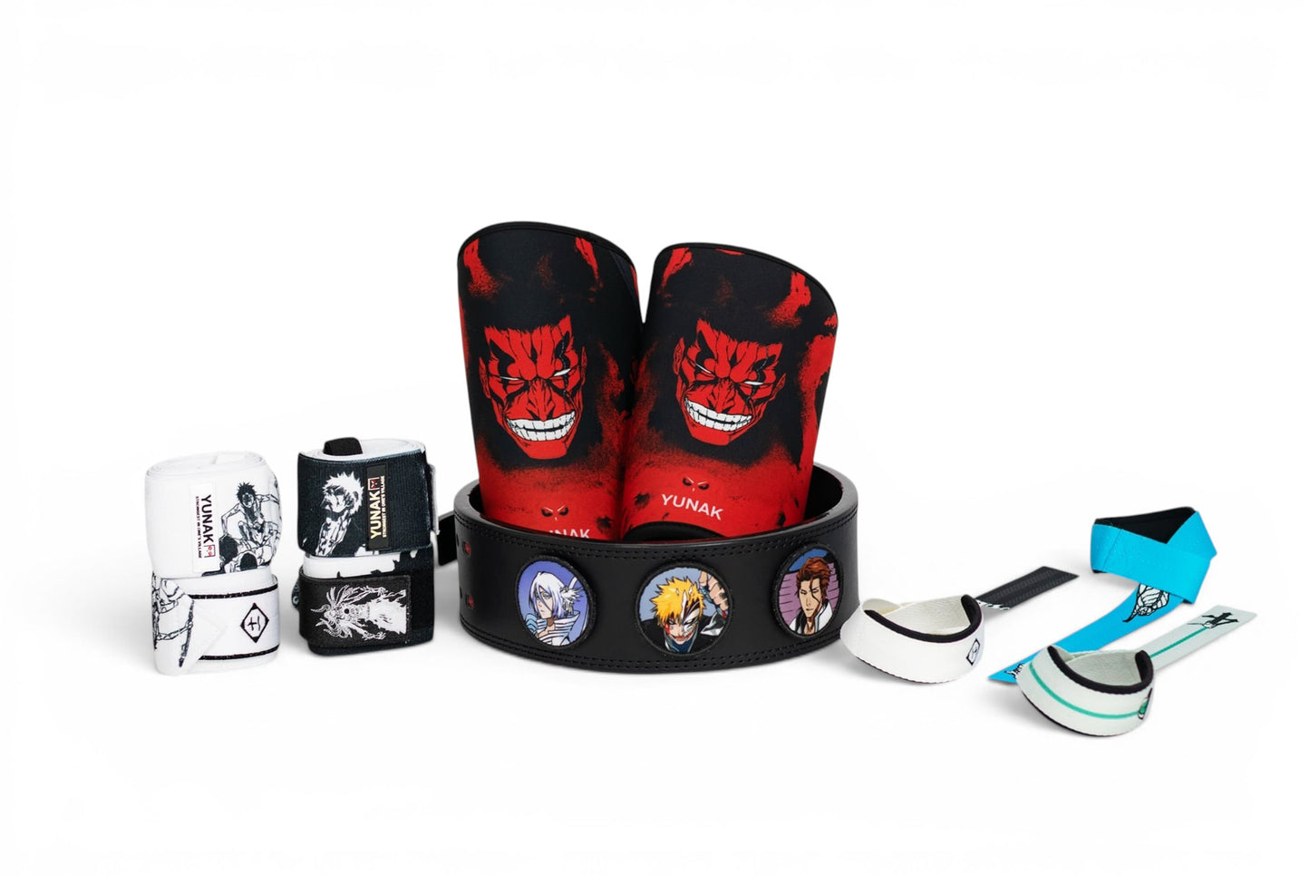 Lifting gear box that includes a pair of Nozarashi Knee Sleeves, Reaper Lifting Belt, Nozarashi or Reaper Wrist Wraps (of your choice) and a Bleach inspired pair of Lifting Straps (of your choice)