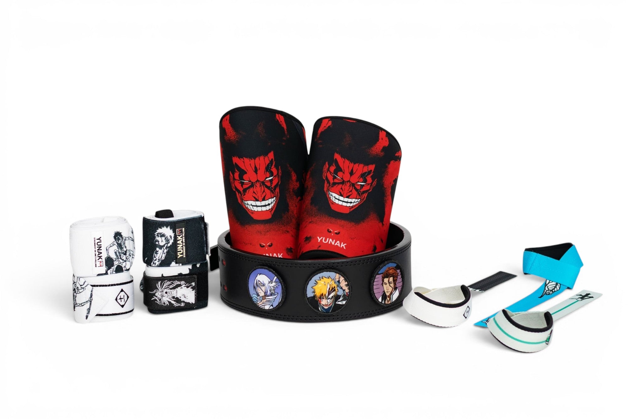 Lifting gear box that includes a pair of Nozarashi Knee Sleeves, Reaper Lifting Belt, Nozarashi or Reaper Wrist Wraps (of your choice) and a Bleach inspired pair of Lifting Straps (of your choice)