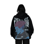Person wearing a black hoodie with graphic design of Hisoka from HunterxHunter on the back, standing against a white background