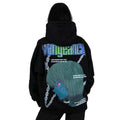 Person wearing a black hoodie with graphic design of Kurapika from HunterxHunter on the back, standing against a white background
