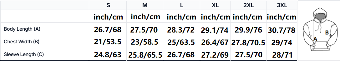 Sizing charts for the anime inspired hoodies. The first measurement is in inches while the second chart is in centimeters