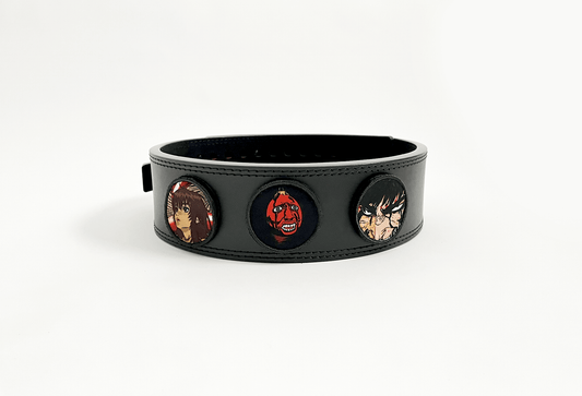 An anime powerlifting belt, 13mm thick and 4 inch wide. Featuring 4 embroidery patches inspired by Berserk. First patch is Casca, second is behelit, third is featuring Guts. The photo is back view of the belt.