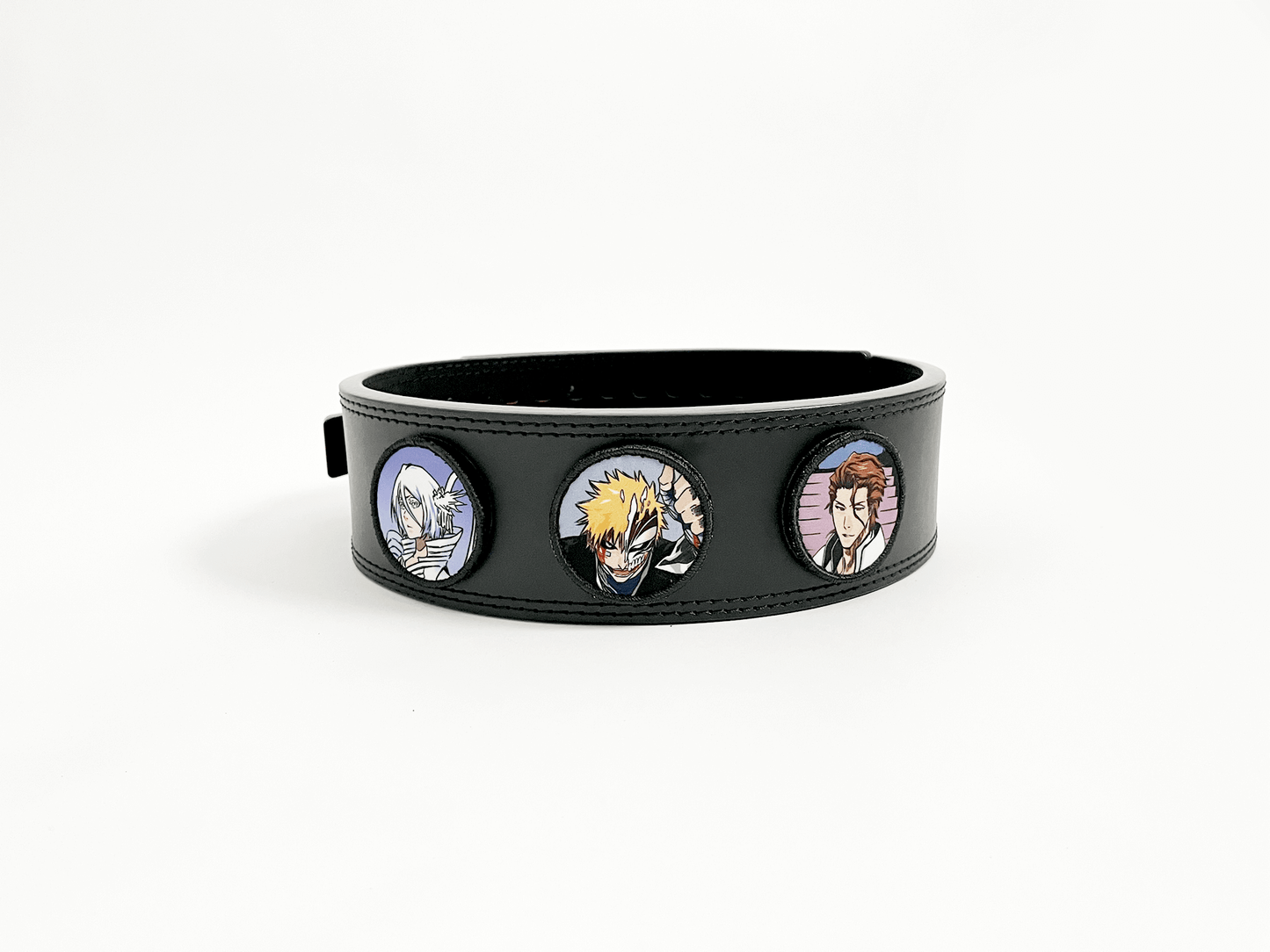 
An anime powerlifting belt, 13mm thick and 4 inch wide. Featuring 4 embroidery patches inspired by Bleach. First patch is Rukia, second is Ichigo, third is featuring Aizen. The photo is back view of the belt.