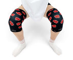 7mm thick knee sleeves inspired by Akatsuki from Naruto. Anime knee sleeves for the gym with Akatsuki anime design for weightlifting. Detail shot in squatting position