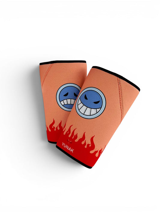 7mm thick knee sleeves inspired by Ace from One Piece. Anime knee sleeves for the gym with Ace anime design for weightlifting
