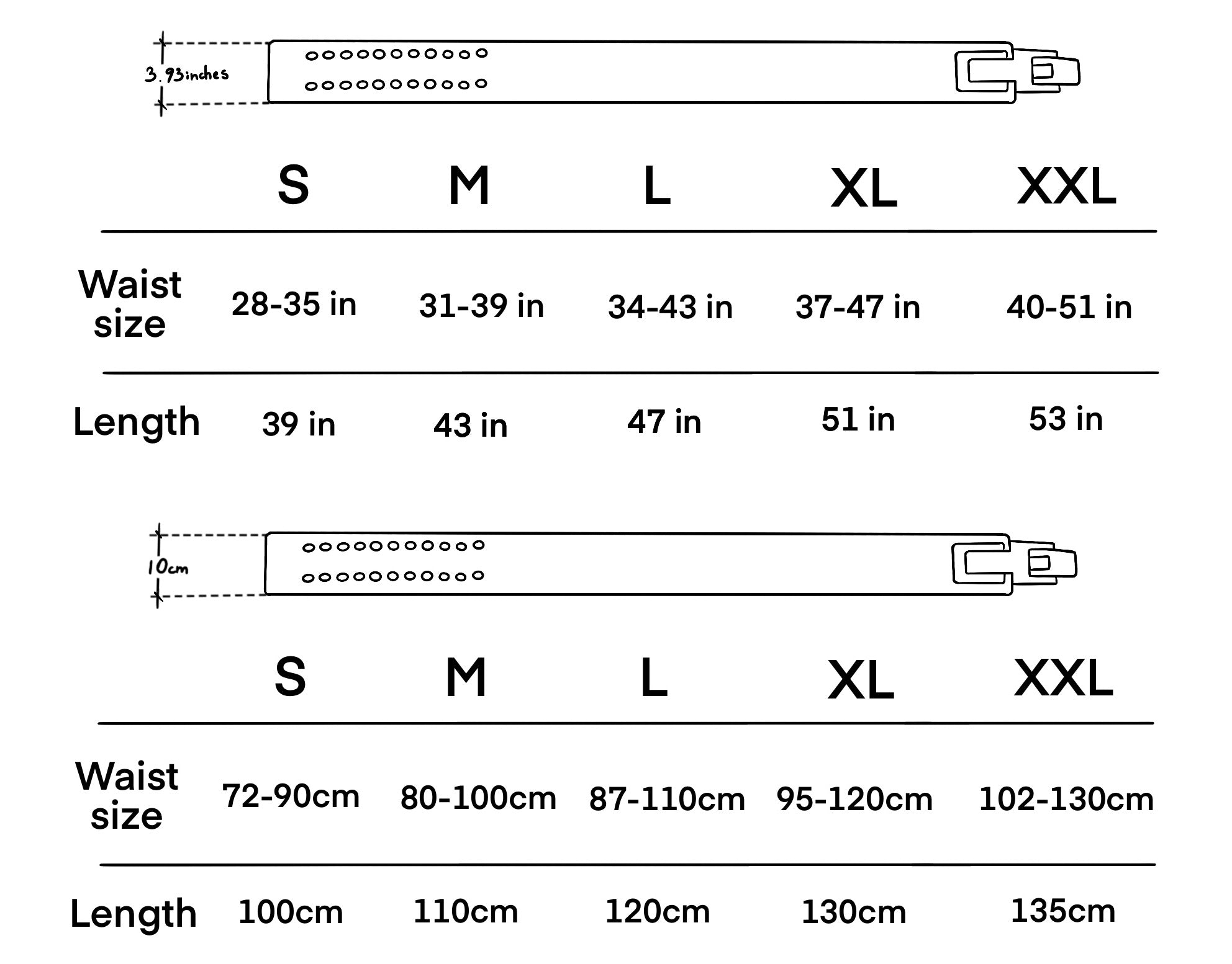 Sizing charts for the anime inspired lifting belts. The first chart is in inches while the second chart is in centimeters