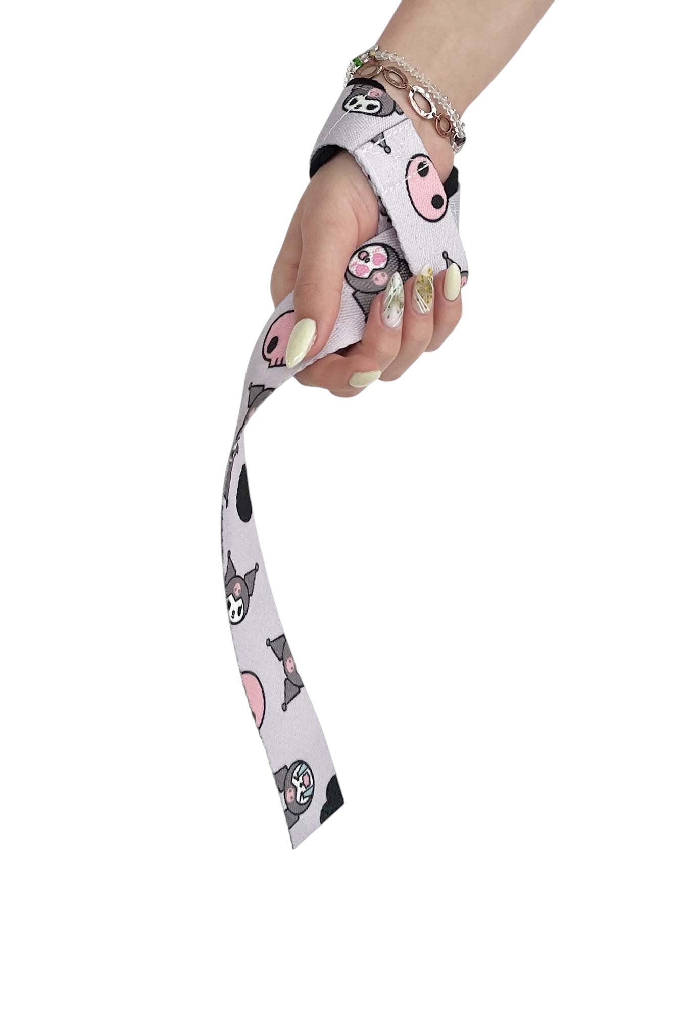 Anime lifting straps inspired by Kuromi from Sanrio. Anime lifting gear for the gym