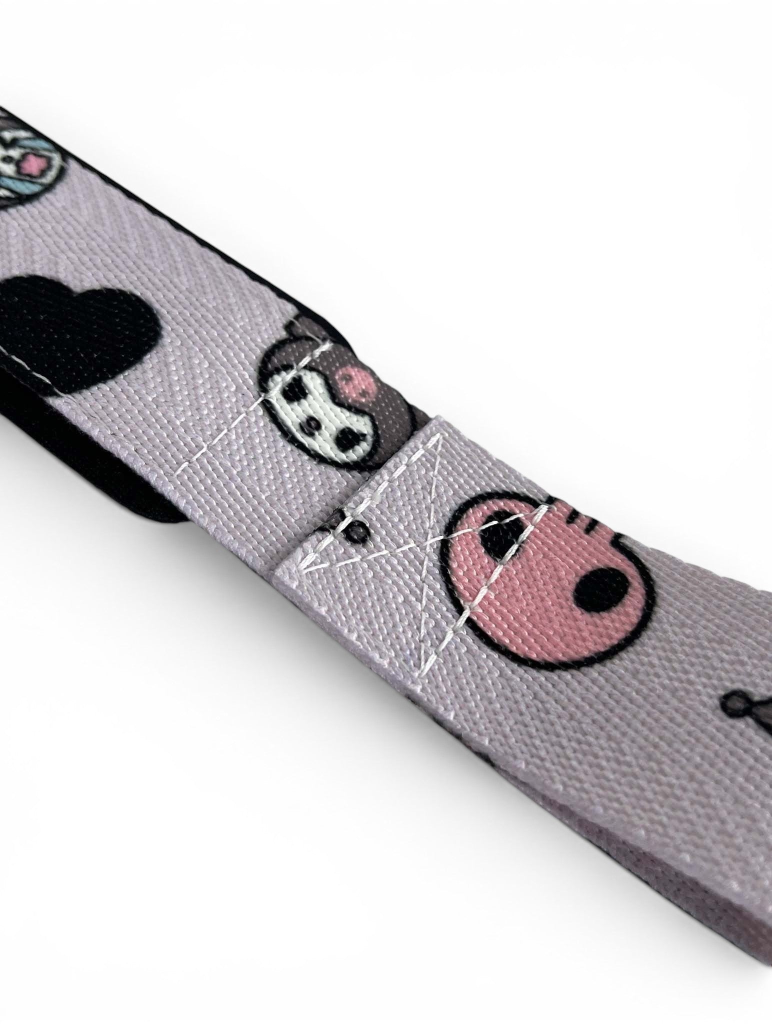 Anime lifting straps inspired by Kuromi from Sanrio. Anime lifting gear for the gym. Details shot