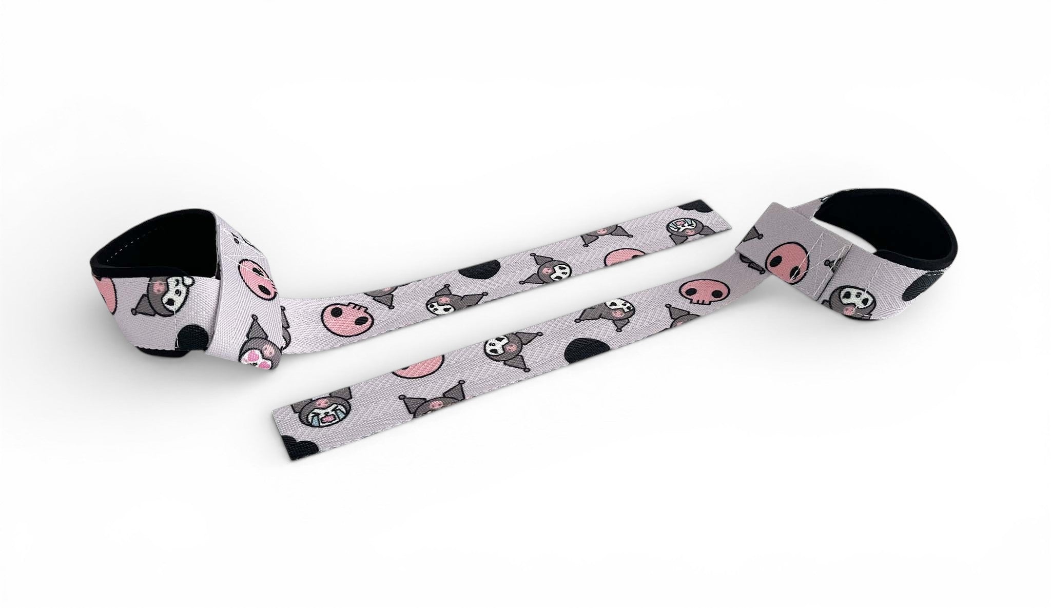 Anime lifting straps inspired by Kuromi from Sanrio. Anime lifting gear for the gym