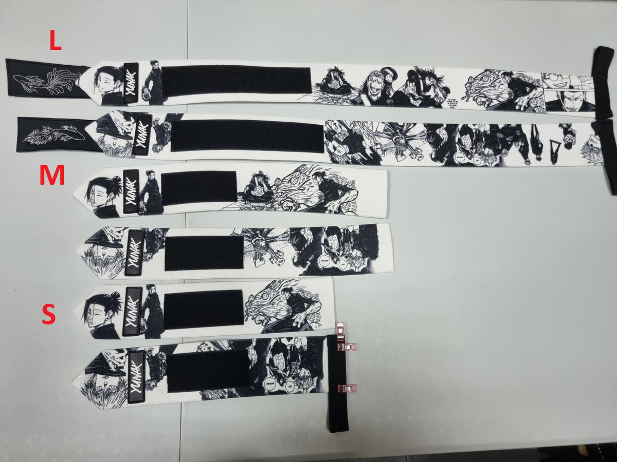 Embroidered anime wrist wraps inspired by Gojo and Geto from Jujutsu Kaisen. Anime lifting wraps for the gym