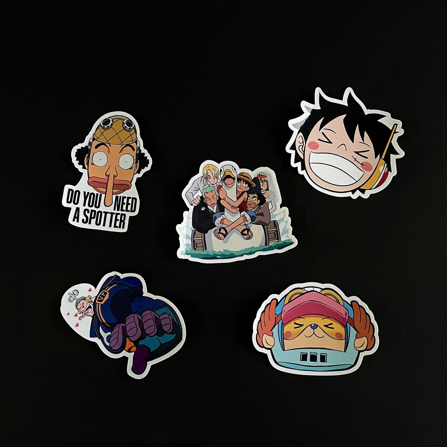 A bundle of vinyl glossy stickers inspired by One Piece. Featuring Usopp, Luffy, Chopper, Franky and the whole crew. Bundle contains 5 stickers