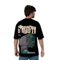 Person wearing a black t-shirt with graphic design of Gon from HunterxHunter on the back, standing against a white background