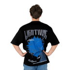 Person wearing a black t-shirt with graphic design of Killua from HunterxHunter on the back, standing against a white background