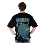Person wearing a black t-shirt with graphic design of Kurapika from HunterxHunter on the back, standing against a white background