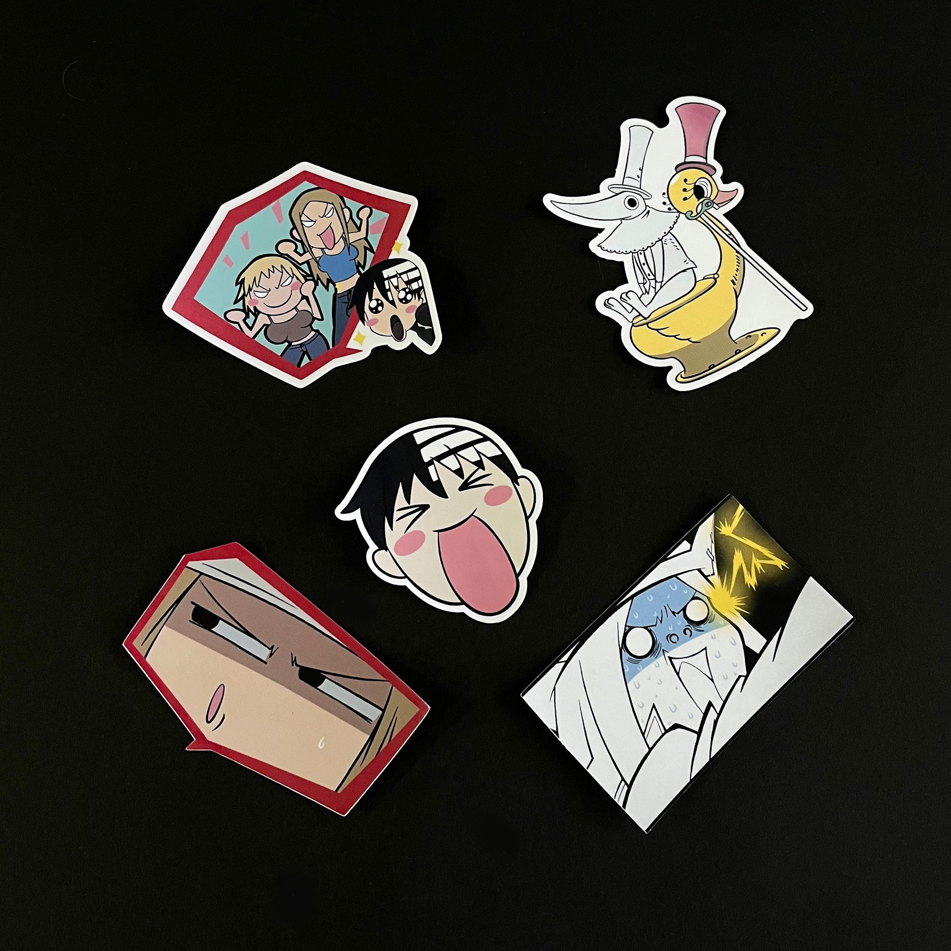 A bundle of vinyl glossy stickers inspired by Soul Eater. Featuring Death the Kid, Excalibur, Liz and Patty. Bundle contains 5 stickers