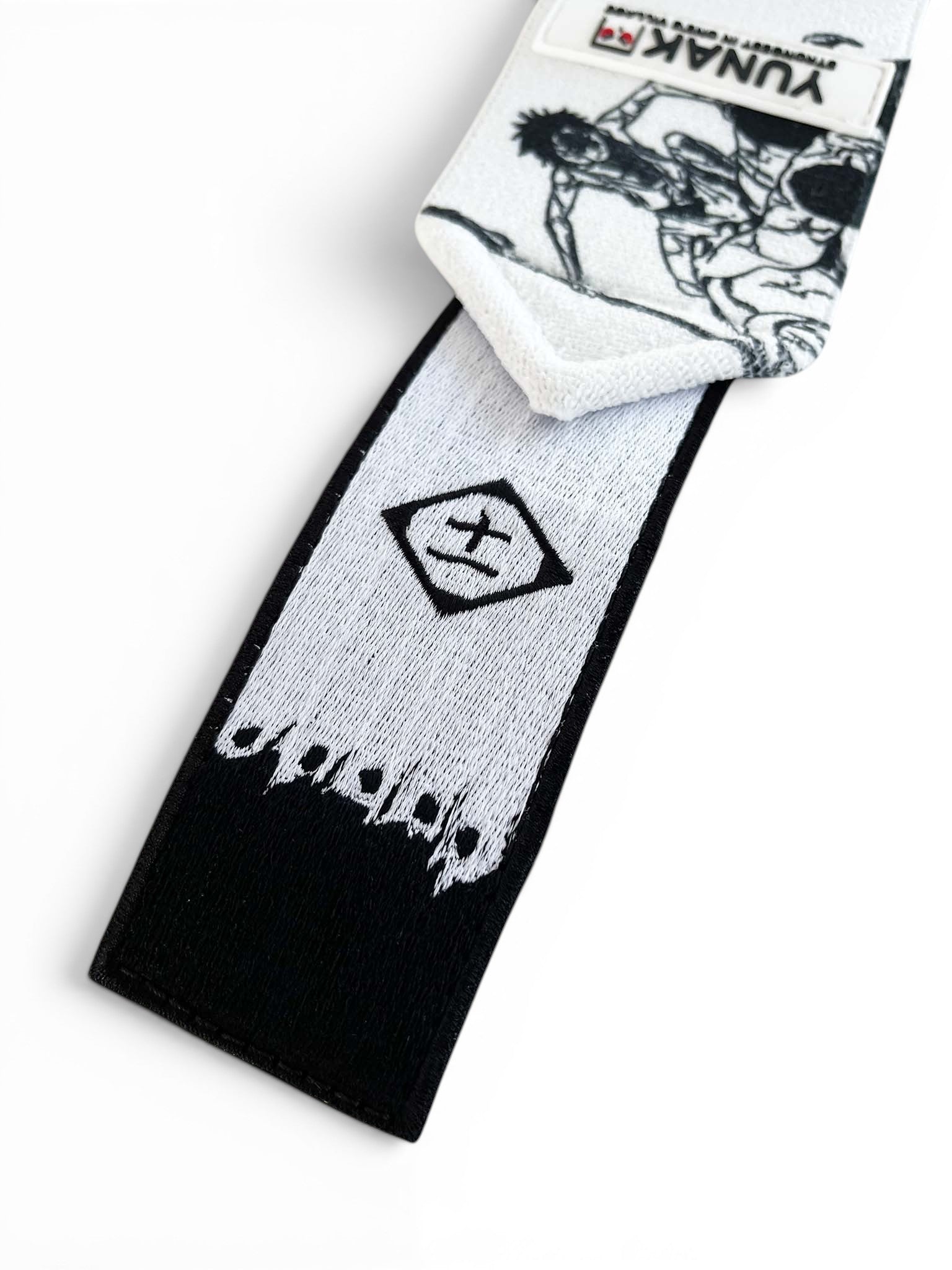 Embroidered anime wrist wraps inspired by Kenpachi Zaraki from Bleach. Anime lifting wraps for the gym. Close detail shot