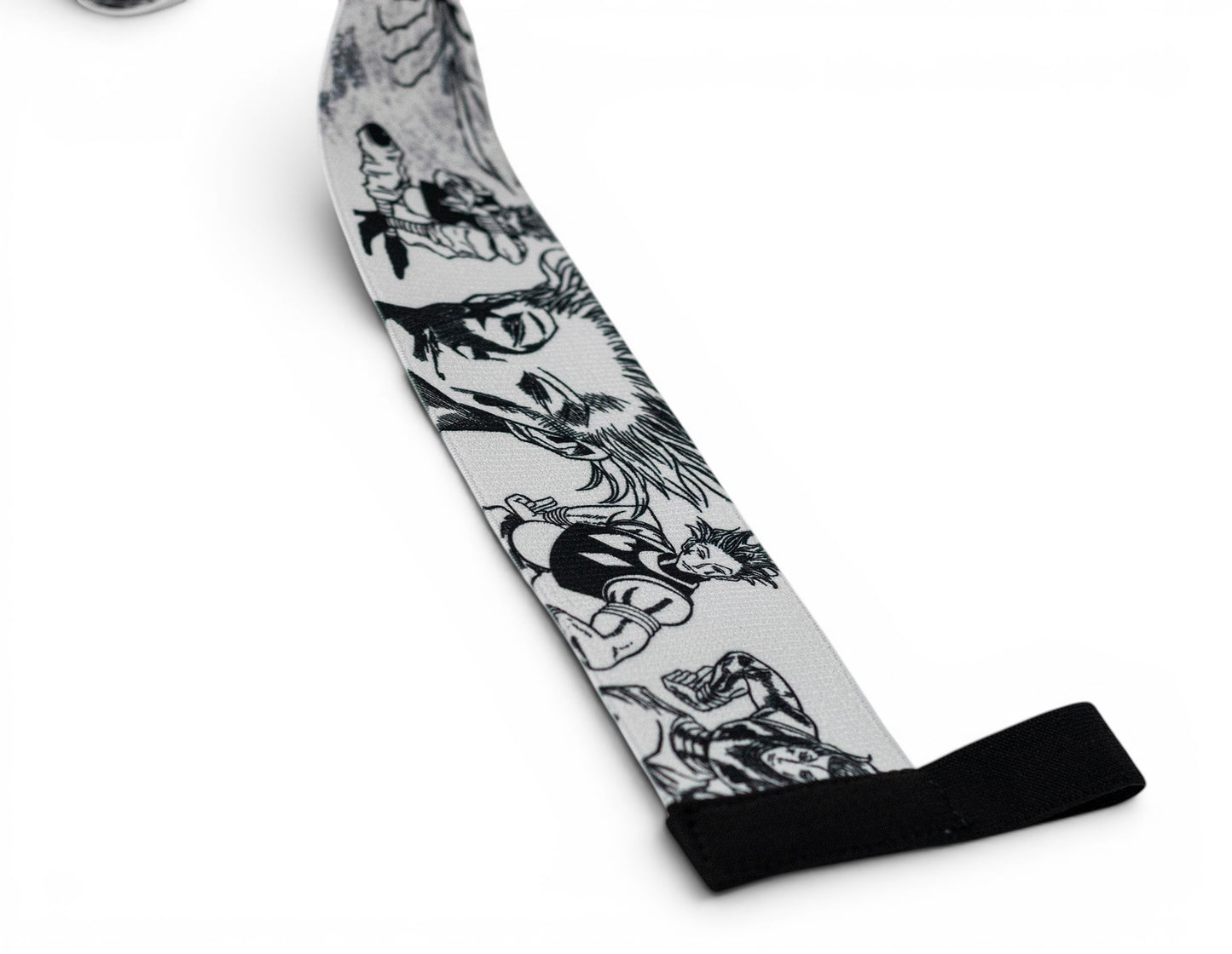 Embroidered anime wrist wraps inspired by Hisoka and the phantom troupe from HunterxHunter. Anime lifting wraps for the gym. Close detail shot