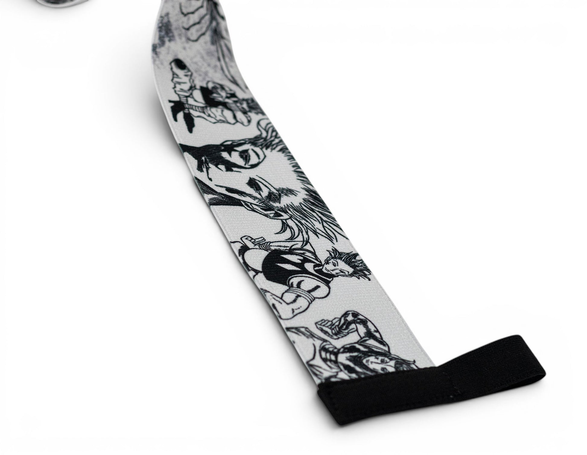 Embroidered anime wrist wraps inspired by Hisoka and the phantom troupe from HunterxHunter. Anime lifting wraps for the gym. Close detail shot
