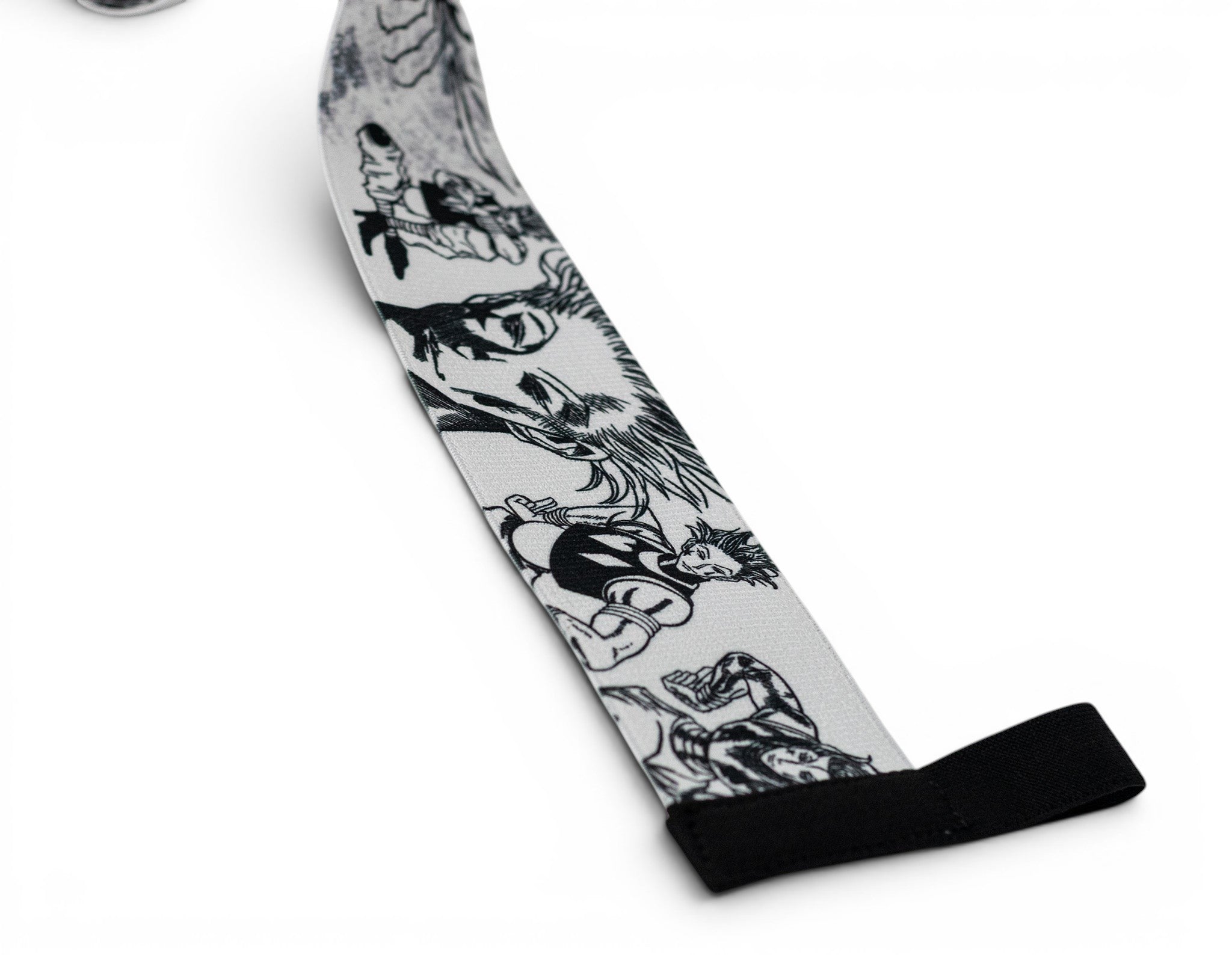 Embroidered anime wrist wraps inspired by Hisoka and the phantom troupe from HunterxHunter. Anime lifting wraps for the gym. Close detail shot