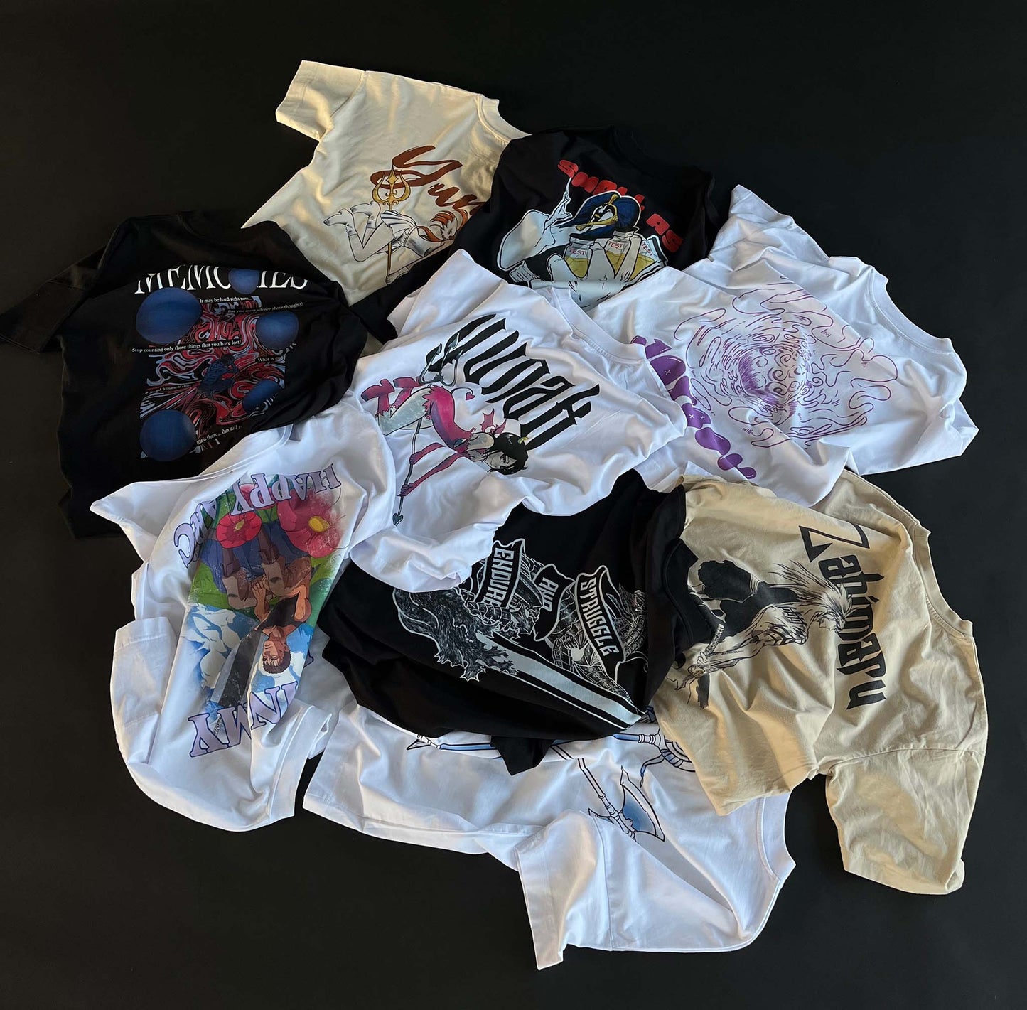 A mystery bundle containing one random pump cover with anime inspired design. Picture shows a number of the anime shirts that can be inside the package