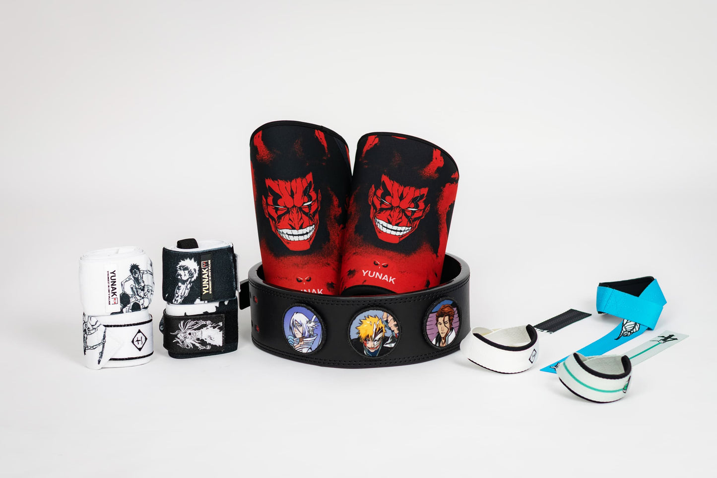 Lifting gear box that includes a pair of Nozarashi Knee Sleeves, Reaper Lifting Belt, Nozarashi or Reaper Wrist Wraps (of your choice) and a Bleach inspired pair of Lifting Straps (of your choice)