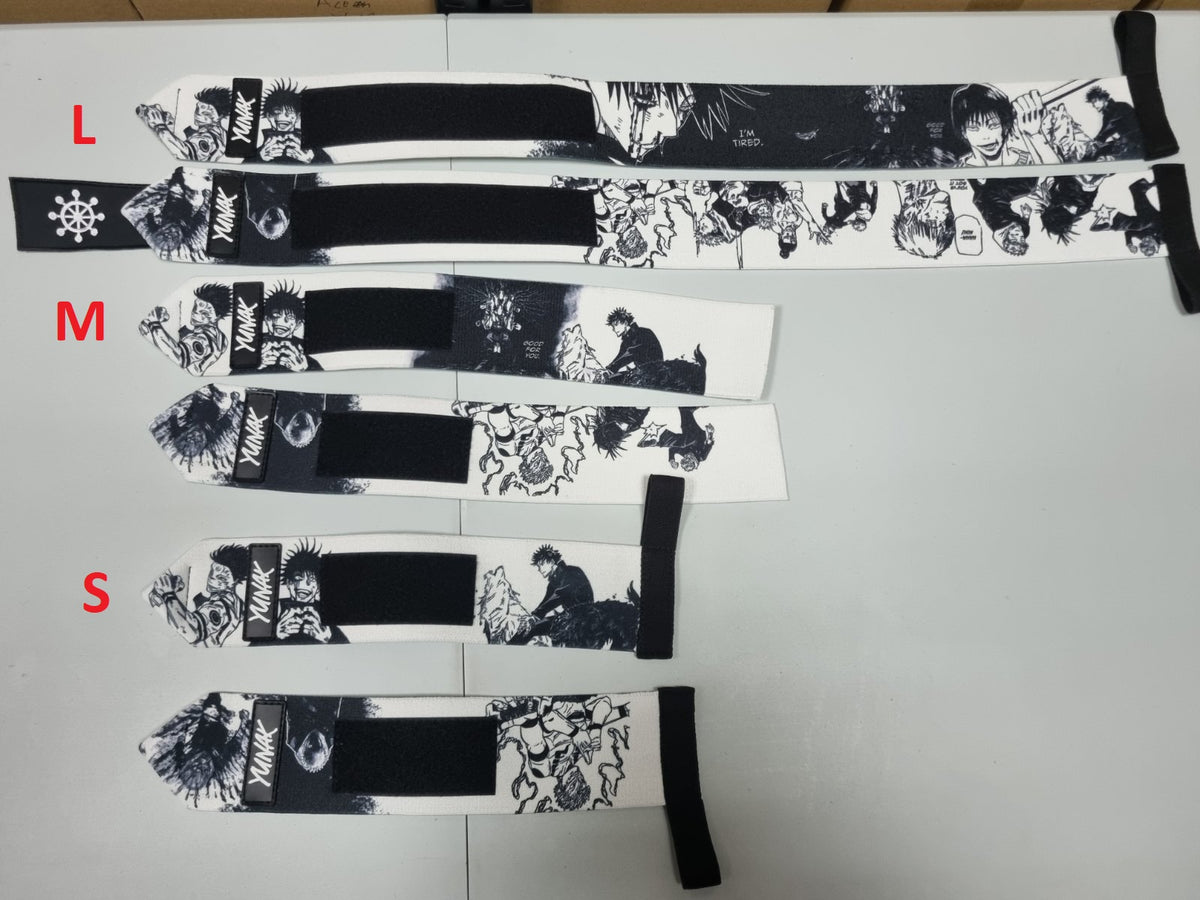 Embroidered anime wrist wraps inspired by Yuji and Megumi from Jujutsu Kaisen. Anime lifting wraps for the gym